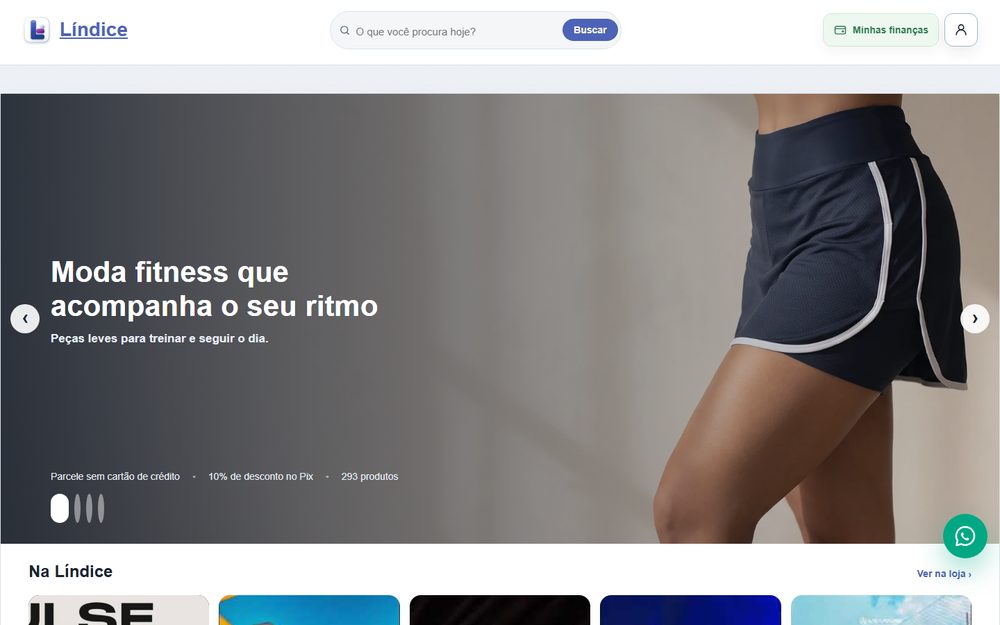 Página inicial da loja Líndice, com a busca de produtos, o banner de destaque e as categorias